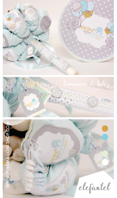 Lumanare de botez pentru baieti cu elefanti, 65x4 cm, Baby Boy Elephant 1